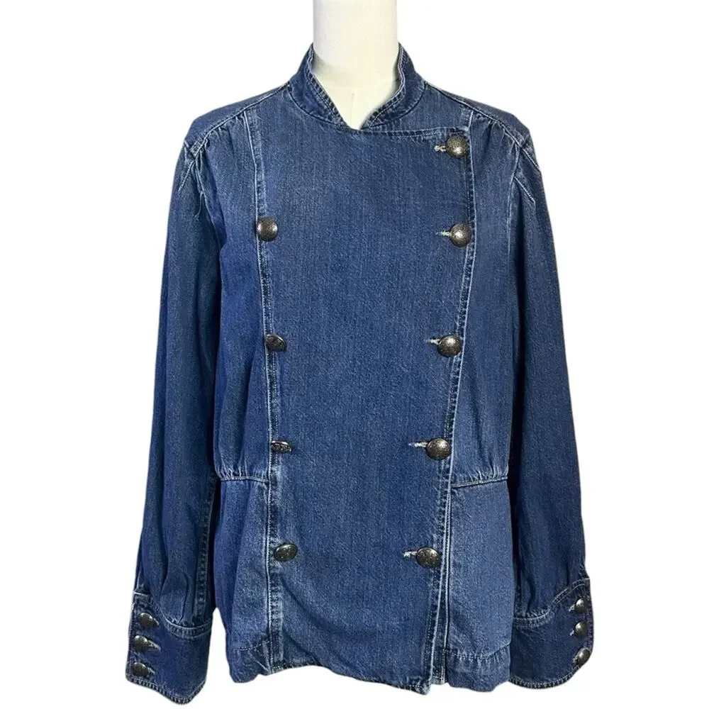 Free People Imogene Denim Officer Jacket in Ensign Wash Large Military Denim - Picture 12 of 16